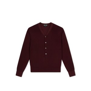 Tom Ford Silk Rib Henley Stickat Herr Vinröda | 701WXBHNG