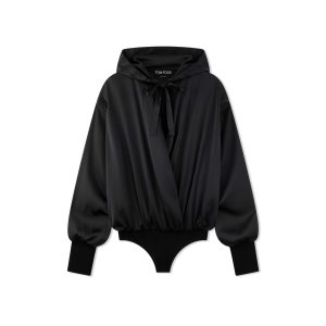 Tom Ford Stretch Silk Satin Hooded Bodysuit Blast Dam Svarta | 189DHILZN